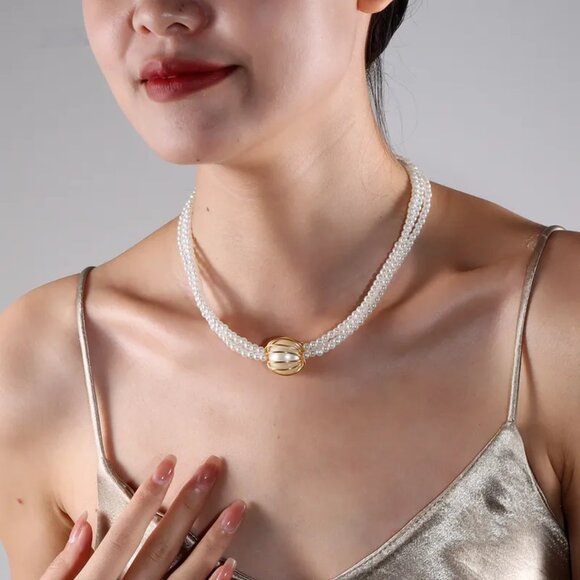 3/$35 Elegant Multi-Strand Faux Pearl Choker Vintage Style Gold Ball Bead Bride - Picture 1 of 10